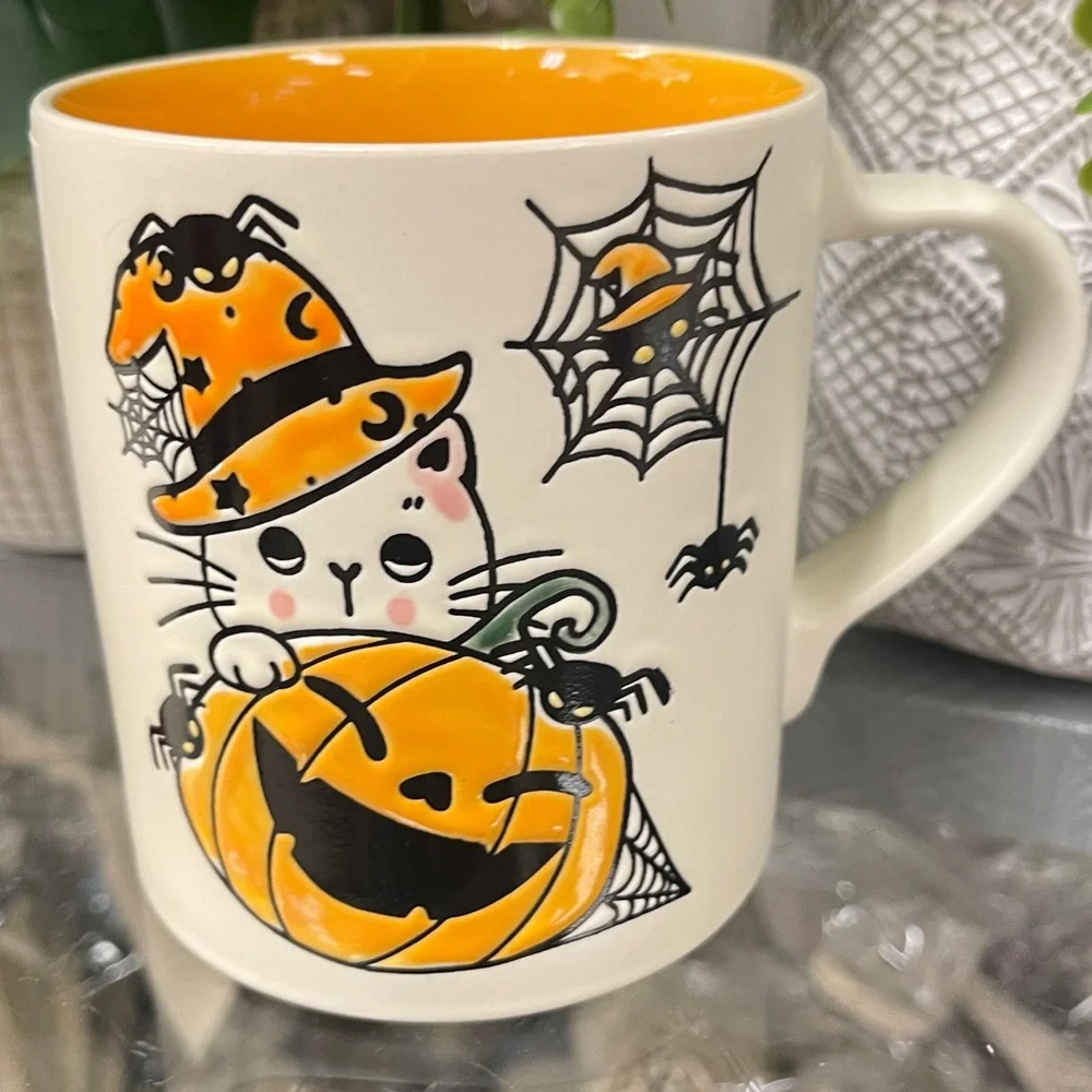 Halloween Cat Witch Pumpkins Spiders Orange Ceramic Coffee Mug NWT Eli & Ana - Picture 1 of 4